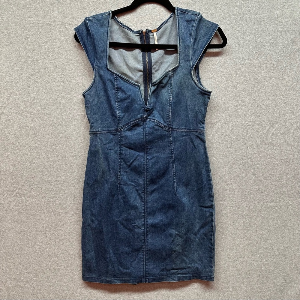 Free People Dress Lia Bodycon Blue Denim Zip Back Fitted Cap Sleeves